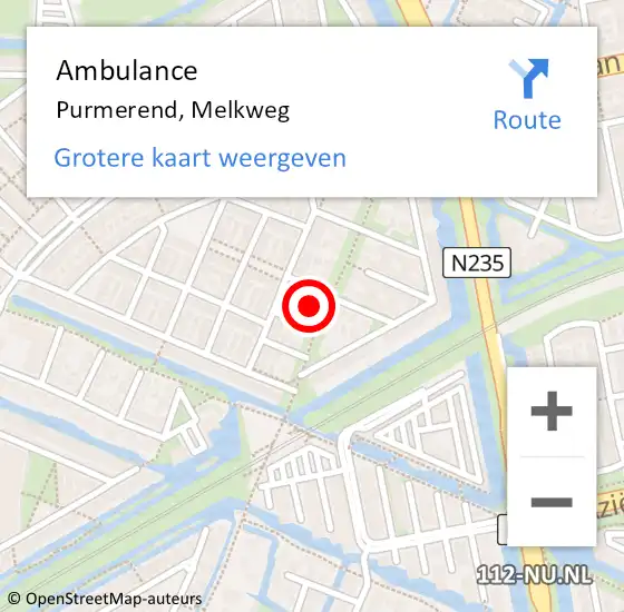 Locatie op kaart van de 112 melding: Ambulance Purmerend, Melkweg op 13 april 2022 14:04