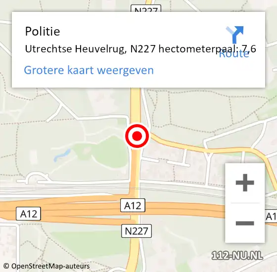 Locatie op kaart van de 112 melding: Politie Utrechtse Heuvelrug, N227 hectometerpaal: 7,6 op 13 april 2022 15:58