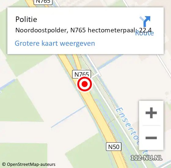 Locatie op kaart van de 112 melding: Politie Noordoostpolder, N765 hectometerpaal: 22,4 op 13 april 2022 17:52