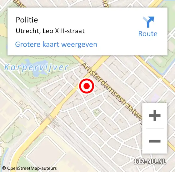 Locatie op kaart van de 112 melding: Politie Utrecht, Leo XIII-straat op 13 april 2022 18:33