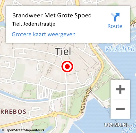 Locatie op kaart van de 112 melding: Brandweer Met Grote Spoed Naar Tiel, Jodenstraatje op 13 april 2022 21:55