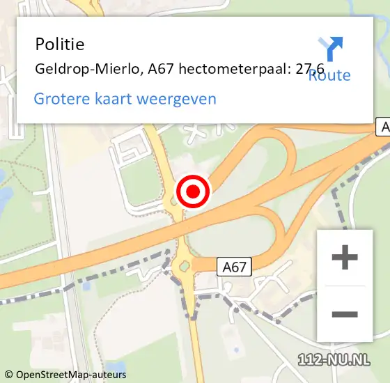 Locatie op kaart van de 112 melding: Politie Geldrop-Mierlo, A67 hectometerpaal: 27,6 op 13 april 2022 22:24