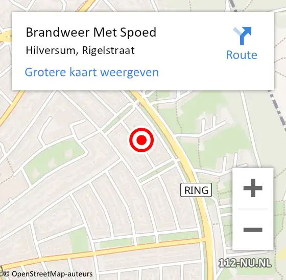 Locatie op kaart van de 112 melding: Brandweer Met Spoed Naar Hilversum, Rigelstraat op 14 april 2022 01:02