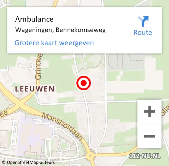 Locatie op kaart van de 112 melding: Ambulance Wageningen, Bennekomseweg op 14 april 2022 01:02