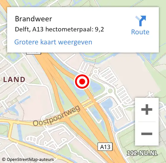 Locatie op kaart van de 112 melding: Brandweer Delft, A13 hectometerpaal: 9,2 op 14 april 2022 03:16