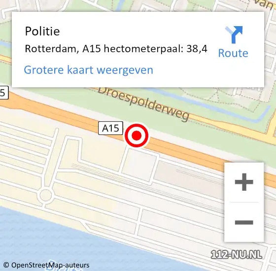 Locatie op kaart van de 112 melding: Politie Rotterdam, A15 hectometerpaal: 38,4 op 14 april 2022 06:15