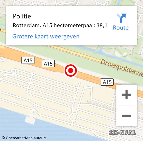 Locatie op kaart van de 112 melding: Politie Rotterdam, A15 hectometerpaal: 38,1 op 14 april 2022 06:20