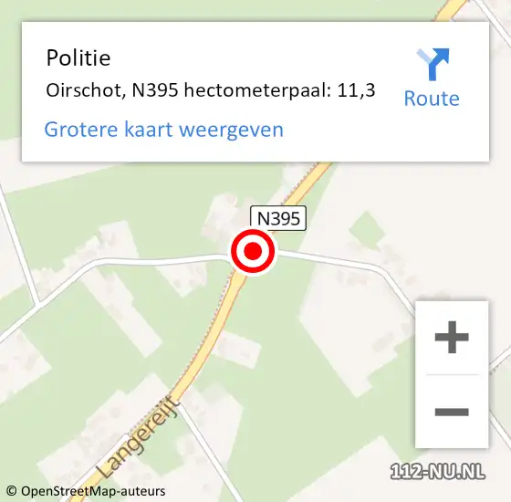 Locatie op kaart van de 112 melding: Politie Oirschot, N395 hectometerpaal: 11,3 op 14 april 2022 08:46