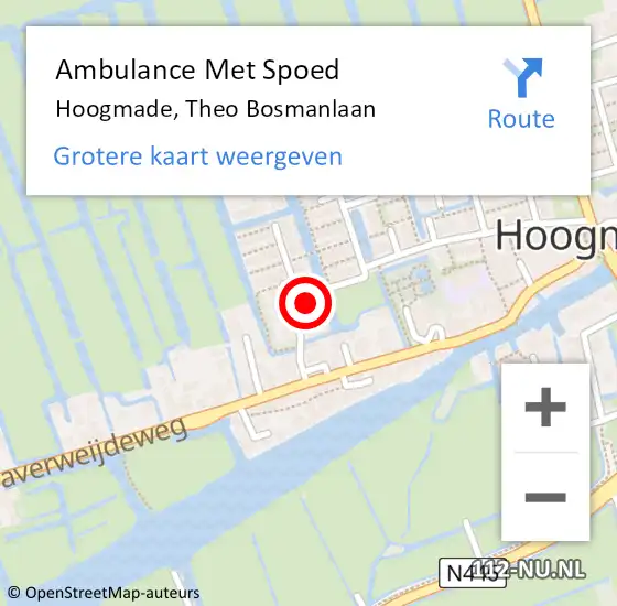 Locatie op kaart van de 112 melding: Ambulance Met Spoed Naar Hoogmade, Theo Bosmanlaan op 14 april 2022 10:11