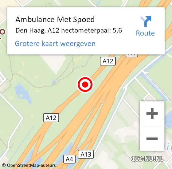 Locatie op kaart van de 112 melding: Ambulance Met Spoed Naar Den Haag, A12 hectometerpaal: 5,6 op 14 april 2022 13:01