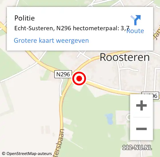 Locatie op kaart van de 112 melding: Politie Echt-Susteren, N296 hectometerpaal: 3,7 op 14 april 2022 15:00