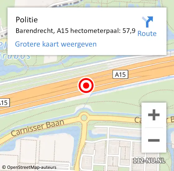 Locatie op kaart van de 112 melding: Politie Barendrecht, A15 hectometerpaal: 57,9 op 14 april 2022 15:46