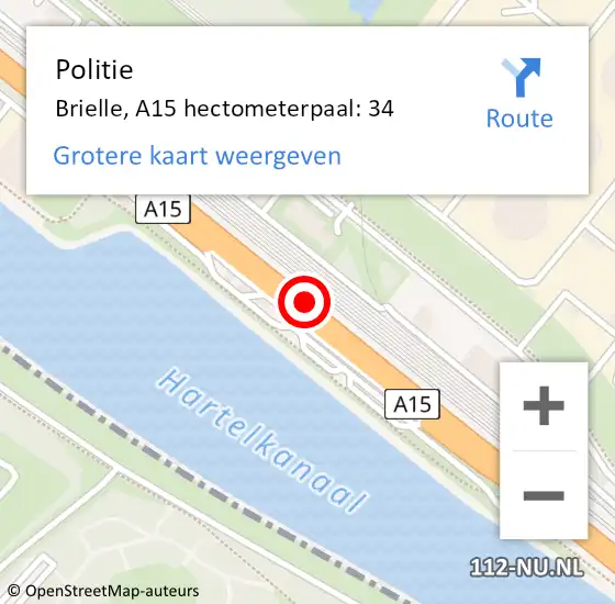 Locatie op kaart van de 112 melding: Politie Brielle, A15 hectometerpaal: 34 op 14 april 2022 15:59