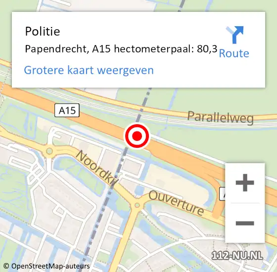 Locatie op kaart van de 112 melding: Politie Papendrecht, A15 hectometerpaal: 80,3 op 14 april 2022 16:20