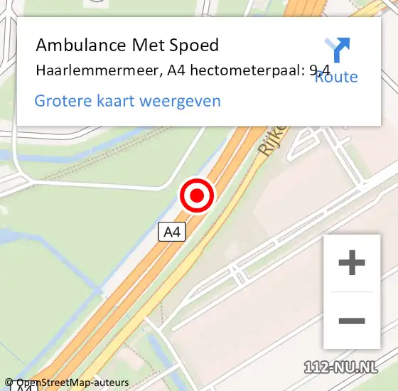 Locatie op kaart van de 112 melding: Ambulance Met Spoed Naar Haarlemmermeer, A4 hectometerpaal: 9,4 op 14 april 2022 16:30