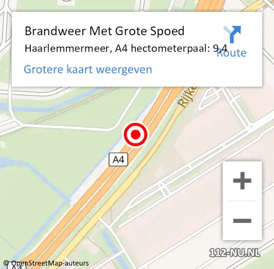 Locatie op kaart van de 112 melding: Brandweer Met Grote Spoed Naar Haarlemmermeer, A4 hectometerpaal: 9,4 op 14 april 2022 16:32