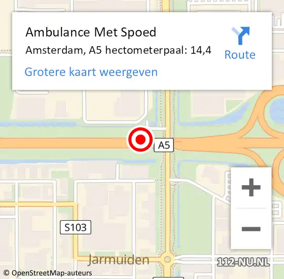 Locatie op kaart van de 112 melding: Ambulance Met Spoed Naar Amsterdam, A5 hectometerpaal: 14,4 op 14 april 2022 16:33