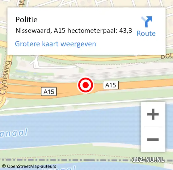 Locatie op kaart van de 112 melding: Politie Nissewaard, A15 hectometerpaal: 43,3 op 14 april 2022 17:01