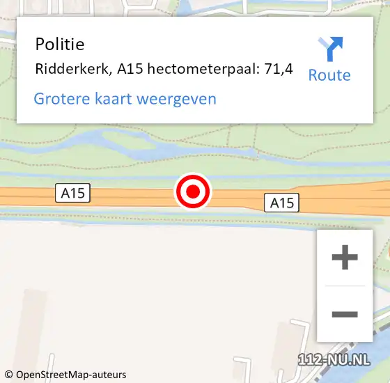 Locatie op kaart van de 112 melding: Politie Ridderkerk, A15 hectometerpaal: 71,4 op 14 april 2022 17:22