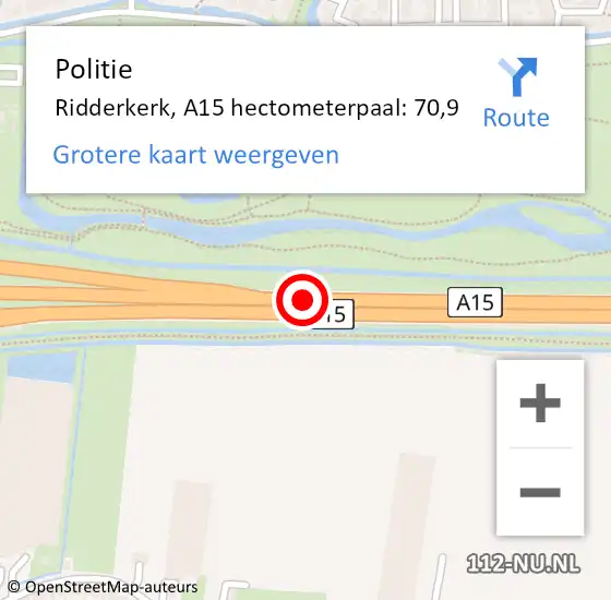 Locatie op kaart van de 112 melding: Politie Ridderkerk, A15 hectometerpaal: 70,9 op 14 april 2022 17:28