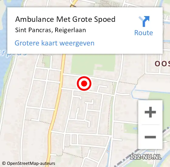 Locatie op kaart van de 112 melding: Ambulance Met Grote Spoed Naar Sint Pancras, Reigerlaan op 14 april 2022 18:02