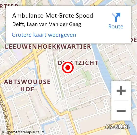 Locatie op kaart van de 112 melding: Ambulance Met Grote Spoed Naar Delft, Laan van Van der Gaag op 14 april 2022 20:01