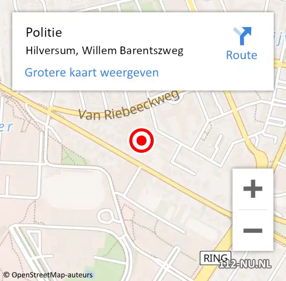 Locatie op kaart van de 112 melding: Politie Hilversum, Willem Barentszweg op 14 april 2022 20:15