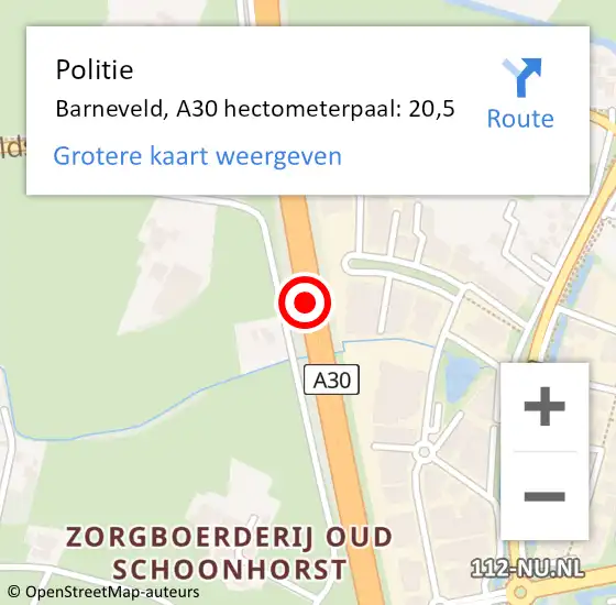Locatie op kaart van de 112 melding: Politie Barneveld, A30 hectometerpaal: 20,5 op 14 april 2022 20:31