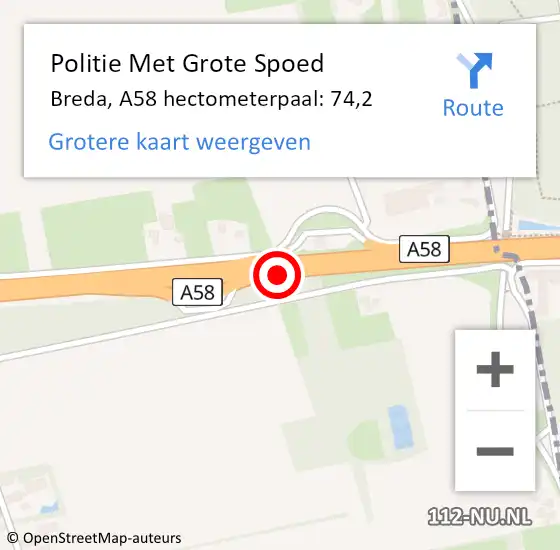 Locatie op kaart van de 112 melding: Politie Met Grote Spoed Naar Breda, A58 hectometerpaal: 74,2 op 15 april 2022 00:52