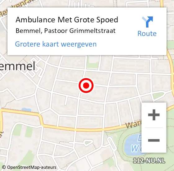 Locatie op kaart van de 112 melding: Ambulance Met Grote Spoed Naar Bemmel, Pastoor Grimmeltstraat op 15 april 2022 01:28