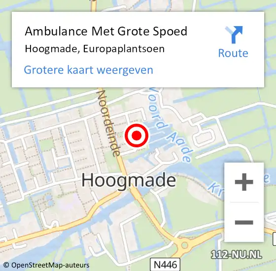 Locatie op kaart van de 112 melding: Ambulance Met Grote Spoed Naar Hoogmade, Europaplantsoen op 15 april 2022 05:20