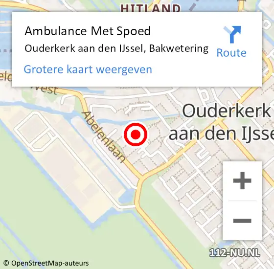Locatie op kaart van de 112 melding: Ambulance Met Spoed Naar Ouderkerk aan den IJssel, Bakwetering op 15 april 2022 08:28