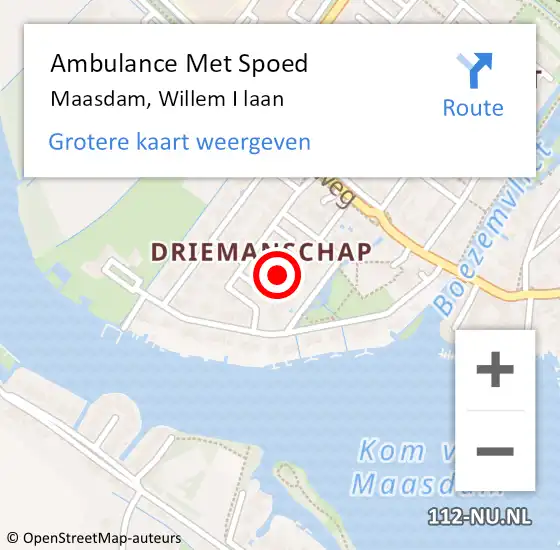 Locatie op kaart van de 112 melding: Ambulance Met Spoed Naar Maasdam, Willem I laan op 15 april 2022 10:01