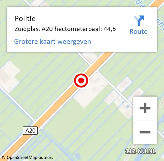 Locatie op kaart van de 112 melding: Politie Zuidplas, A20 hectometerpaal: 44,5 op 15 april 2022 10:11