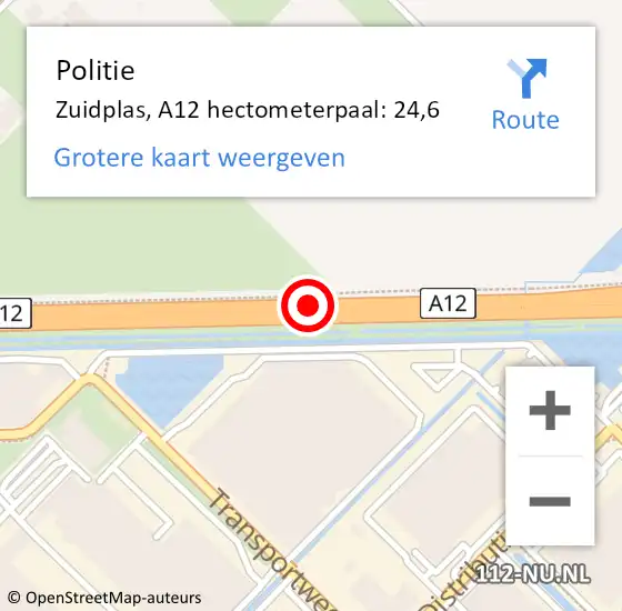 Locatie op kaart van de 112 melding: Politie Zuidplas, A12 hectometerpaal: 24,6 op 15 april 2022 10:31