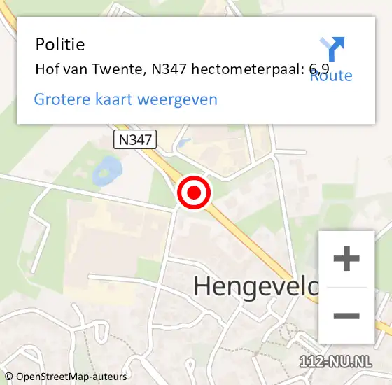 Locatie op kaart van de 112 melding: Politie Hof van Twente, N347 hectometerpaal: 6,9 op 15 april 2022 11:43