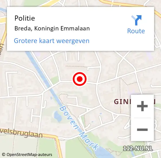 Locatie op kaart van de 112 melding: Politie Breda, Koningin Emmalaan op 15 april 2022 12:57