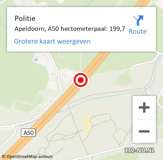 Locatie op kaart van de 112 melding: Politie Apeldoorn, A50 hectometerpaal: 199,7 op 15 april 2022 16:52
