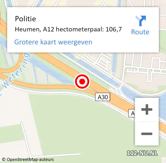 Locatie op kaart van de 112 melding: Politie Heumen, A12 hectometerpaal: 106,7 op 15 april 2022 17:14