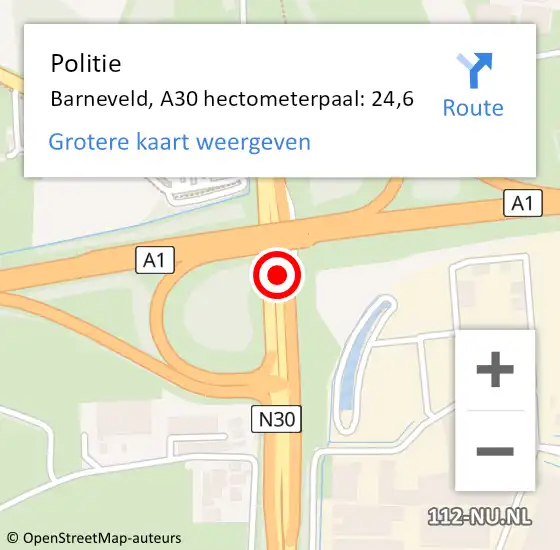 Locatie op kaart van de 112 melding: Politie Barneveld, A30 hectometerpaal: 24,6 op 15 april 2022 20:00