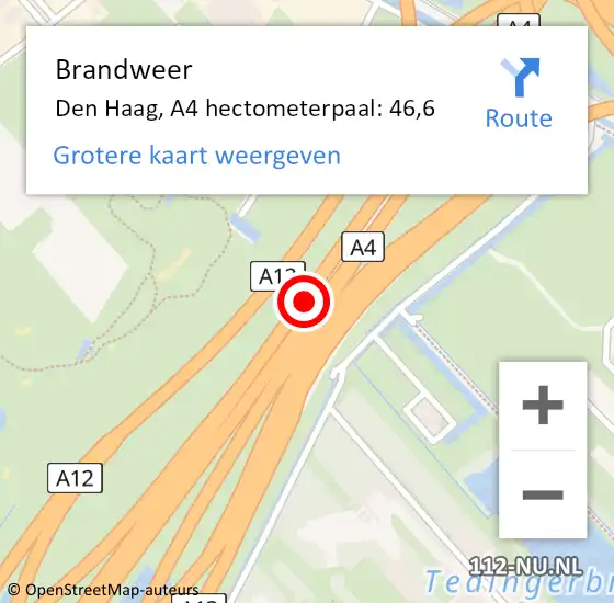 Locatie op kaart van de 112 melding: Brandweer Den Haag, A4 hectometerpaal: 46,6 op 15 april 2022 22:19