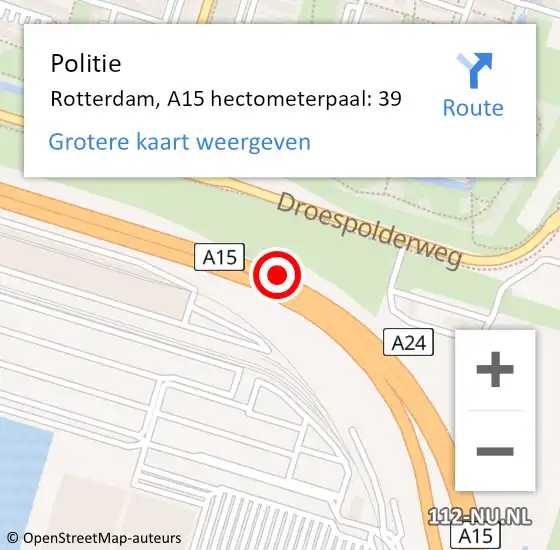 Locatie op kaart van de 112 melding: Politie Rotterdam, A15 hectometerpaal: 39 op 16 april 2022 00:47