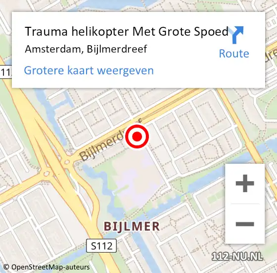 Locatie op kaart van de 112 melding: Trauma helikopter Met Grote Spoed Naar Amsterdam-Zuidoost, Bijlmerdreef op 16 april 2022 01:43