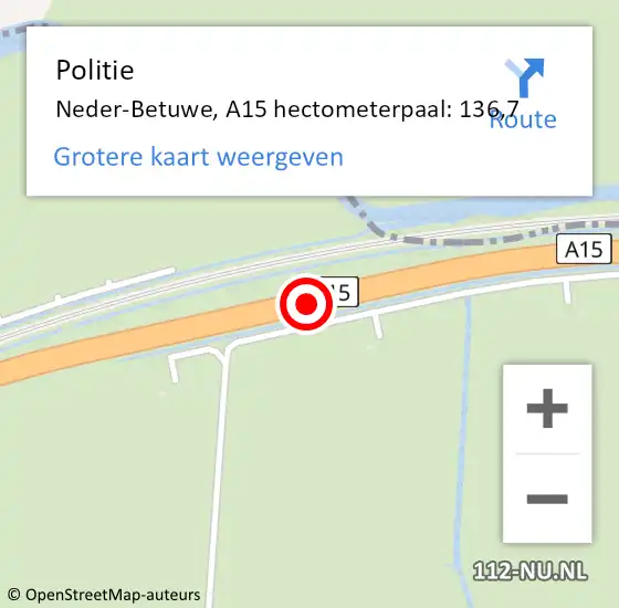 Locatie op kaart van de 112 melding: Politie Neder-Betuwe, A15 hectometerpaal: 136,7 op 16 april 2022 01:51