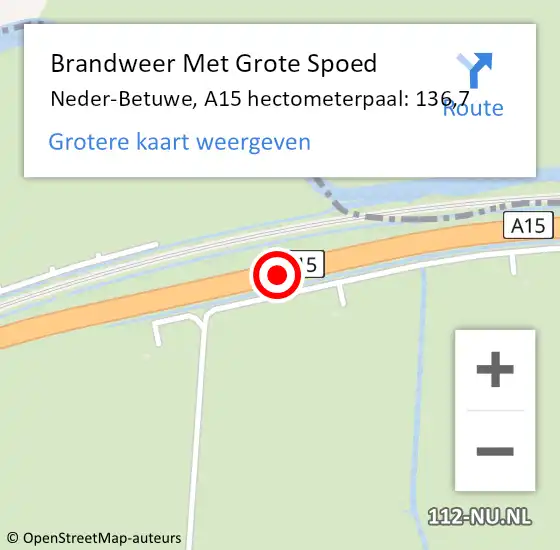 Locatie op kaart van de 112 melding: Brandweer Met Grote Spoed Naar Neder-Betuwe, A15 hectometerpaal: 136,7 op 16 april 2022 01:52