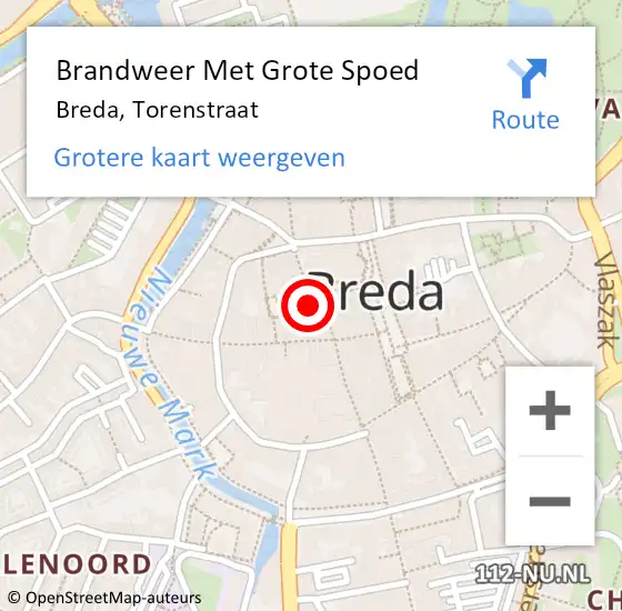 Locatie op kaart van de 112 melding: Brandweer Met Grote Spoed Naar Breda, Torenstraat op 16 april 2022 02:24