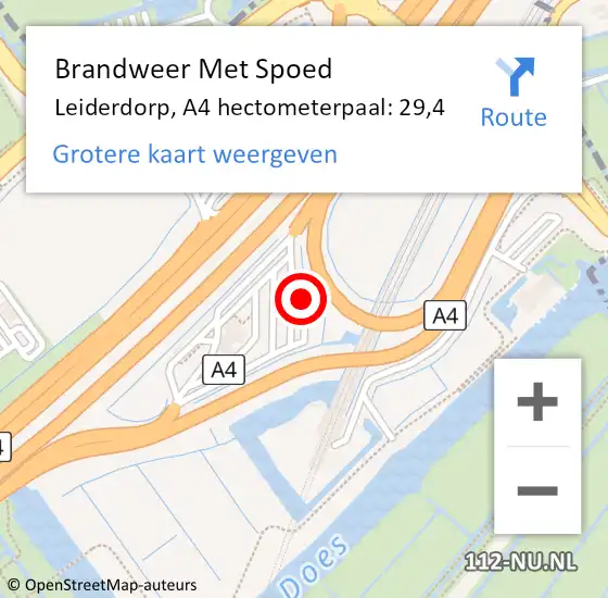 Locatie op kaart van de 112 melding: Brandweer Met Spoed Naar Leiderdorp, A4 hectometerpaal: 29,4 op 16 april 2022 06:27