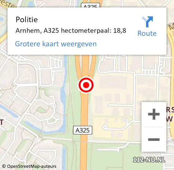 Locatie op kaart van de 112 melding: Politie Arnhem, A325 hectometerpaal: 18,8 op 16 april 2022 08:28