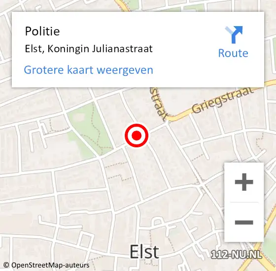Locatie op kaart van de 112 melding: Politie Elst, Koningin Julianastraat op 16 april 2022 09:52