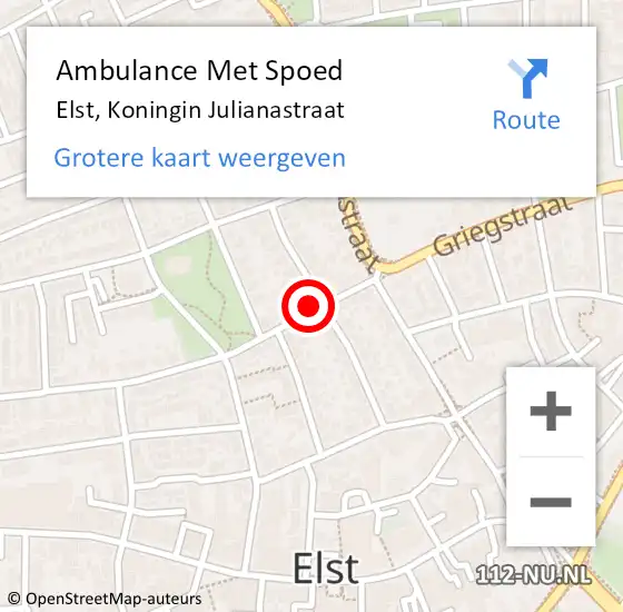 Locatie op kaart van de 112 melding: Ambulance Met Spoed Naar Elst, Koningin Julianastraat op 16 april 2022 09:52